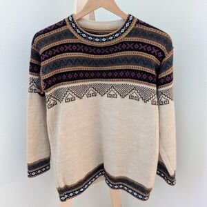 Vintage Abstract Geometric Southwestern Patterned Crewneck Sweater In Tan/Black